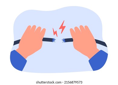 Hands tearing apart cable. Damaged or broken electrical wire flat vector illustration. Electricity, technology, repair service, maintenance concept for banner, website design or landing web page