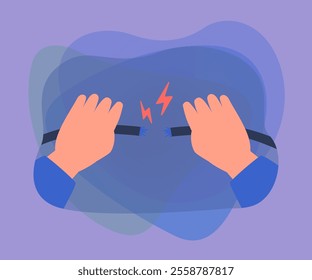 Hands tearing apart cable. Damaged or broken electrical wire flat vector illustration. Electricity, technology, repair service, maintenance concept for banner, website design or landing web page