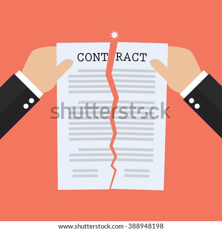 Hands tearing apart contract document paper. agreement cancellation