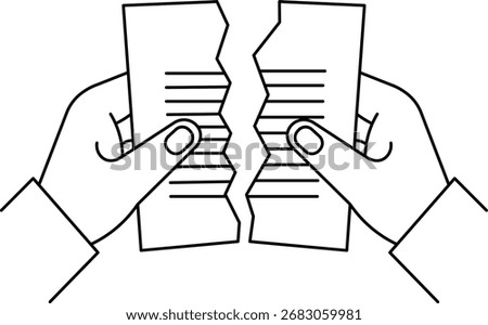 Hands tearing apart a document with horizontal lines tearing paper ripping