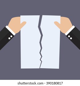 Hands tearing apart document paper. agreement cancellation