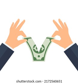 Hands tearing apart dollar money bill in half. Crisis, loss and finance concept. Vector illustration in flat design. eps 10