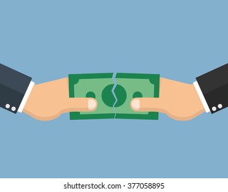 Hands Tearing Apart A Money Bill In Two Pieces - Split Up Money Concept - Flat Style