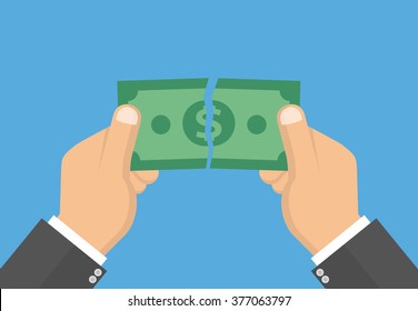Hands tearing apart money bill in half. Flat design