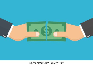 Hands Tearing Apart A Money Bill In Two Pieces - Split Up Or Fighting Over Money Concept. Flat Design