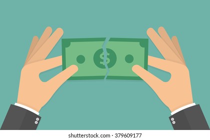 Hands tearing apart money bill in half. Vector illustration in flat style