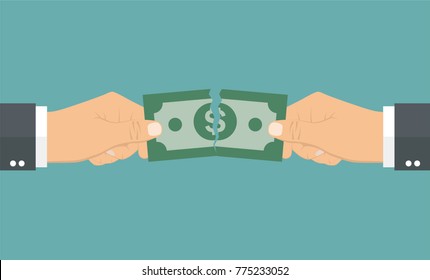 Hands tearing apart a money bill in two pieces