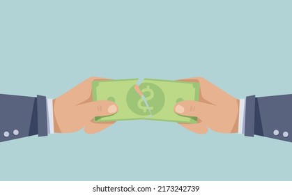 Hands tearing a banknote into two parts. Businessmen can't distribute money. Vector illustration in flat style