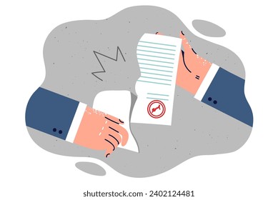 Hands tearing business contract with seal as sign of termination of agreements and unwillingness to fulfill obligations. Paper contract is torn, symbolizing dismissal of person working in company