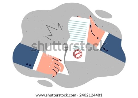Hands tearing business contract with seal as sign of termination of agreements and unwillingness to fulfill obligations. Paper contract is torn, symbolizing dismissal of person working in company