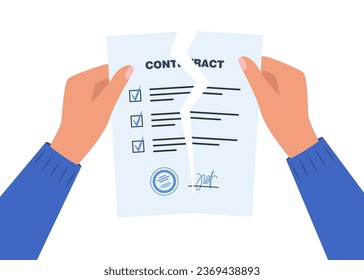 Hands tearing up the contract. Hands holding broken or torn contract. Crumpled sheets of paper. Deal termination concept. Partnership cancelation. Vector illustration