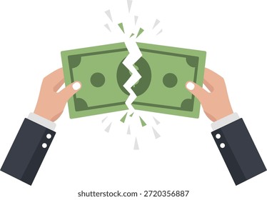 Mãos rasgando a nota de dólar que representa perda financeira e falência