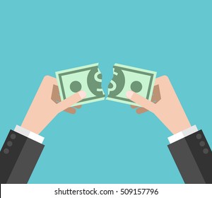 Hands tearing dollar money bill in half on turquoise blue background. Crisis, loss and finance concept. Flat design. EPS 8 vector illustration, no transparency