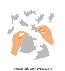 Hands tearing paper into small pieces. Vector illustration in flat style.