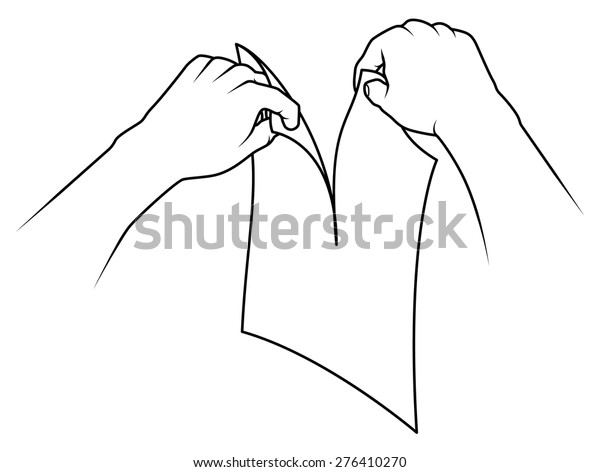 Hands tearing a piece of paper. 