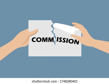 Hands tearing piece of paper with word "COMMISSION". Idea for broke company refuse to pay commission to employee. Vector Illustration. Isolaated on blue background.