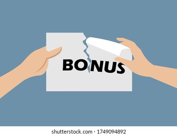 Hands tearing piece of paper with word "BONUS". Idea for financial crisis in company who had trouble to pay bonus to employee. Vector Illustration. Isolaated on blue background.