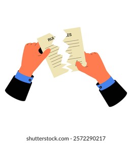 Hands Tearing A Rules Document In Flat Vector Illustration Symbolizing Breaking Rules, Rebellion, And Freedom, Isolated On White Background