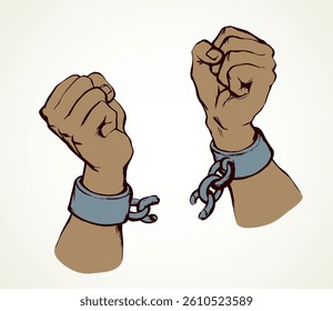 Hands tearing shackles. Vector drawing
