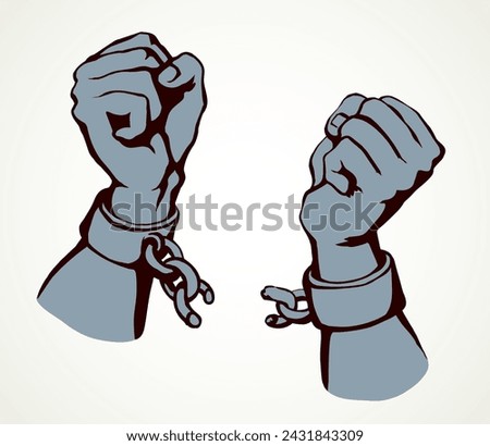 Hands tearing shackles. Vector drawing