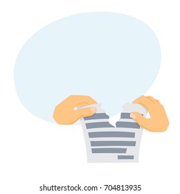 Hands tears paper. Process. Office work tool cartoon vector. Working in office, education, business concept.