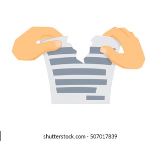Hands tears paper. Process of tearing. Office work tool. Man holding and rip document cartoon vector illustration. Working, education, business concept. 