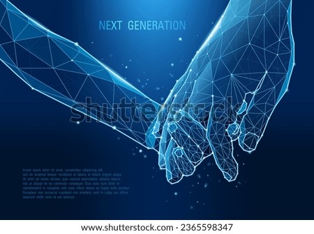 Hands in technological low poly style. Family values and parenting concept. Polygonal father's and child's hands. Digital innovative business. Wireframe vector illustration.