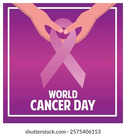 Hands tenderly supporting a pink ribbon, symbolizing care and attention for World Cancer Day awareness and the fight against cancer. Flat vector modern illustration 