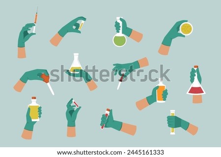 hands with test tubes. doctors medics, blood, equipment, hands in gloves holding different shaped glass test tubes with analysis. vector cartoon items set.