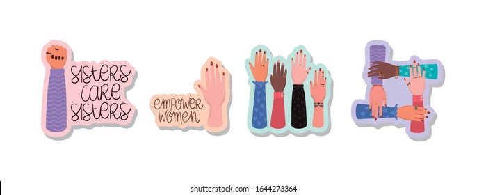 Hands and texts stickers set design of Women empowerment female power feminist people gender feminism young rights protest and strong theme Vector illustration