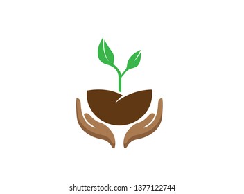 Hands that care for plants and nature logo design illustration on white background