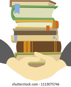 Hands that hold a pile of different books 