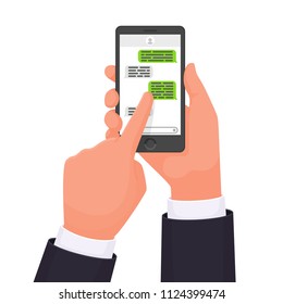 Hands that hold the smartphone. Online chat. Messenger. Communication in the network. sms message. Vector illustration in a flat style Hands that hold the smartphone. Online chat. Messenger. Communication in the network. sms message. Vector illustration in a flat style