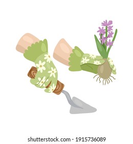 The hands that plant the hyacinth. Gardening vector hand drawn illustration.