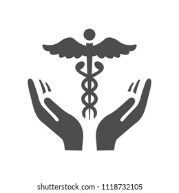 Hands that support the medical symbol Caduceus.
