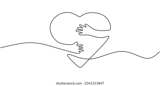 Hands that wrap around a heart in a continuous one line drawing. Concept of love. Minimalist hand-drawn vector illustration.