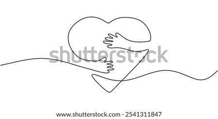 Hands that wrap around a heart in a continuous one line drawing. Concept of love. Minimalist hand-drawn vector illustration.