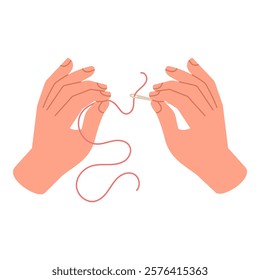 Hands threading a needle for sewing, illustration on white background