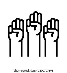 Hands up with three fingers. Line vector. Isolate on white background.