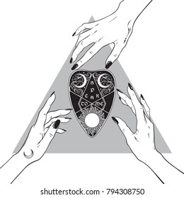 Hands of three witches reaching out to the divination board planchette. Black work, tattoo, poster art or print design hand drawn vector illustration.