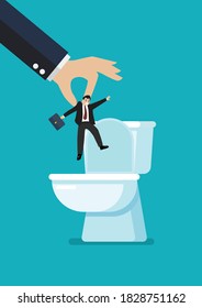 Hands throw a business man in the toilet bowl. Vector illustration 