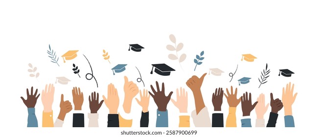 Hands throw caps up. Graduation concept.