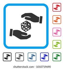 Hands Throw Dice icon. Flat gray iconic symbol inside a blue rounded frame. Black, gray, green, blue, red, orange color versions of hands throw dice vector. Designed for web and software interfaces.