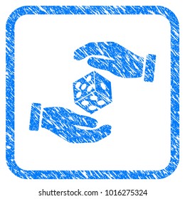 Hands Throw Dice scratched textured icon inside rounded square for overlay watermark stamps. Flat symbol with dust texture. Framed vector blue rubber seal stamp with grunge design of hands throw dice.