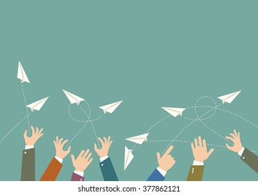 The hands throw paper airplanes. Vector illustration.