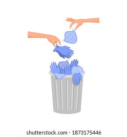 Hands throw used medical masks and rubber gloves into the trash can. Concept: disposal of contaminated materials, end of the epidemic, victory over the coronavirus pandemic. Vector flat cartoon.