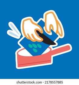 Hands Throw Vegetables Into A Hot Pan. Cooking, Food, Restaurant, Home. Recipe. Vector Doodle Sticker In Cartoon Style.