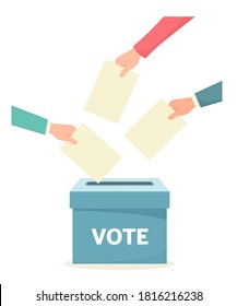 Hands throw votes into the ballot box. Vote. Vector illustration in flat style.
