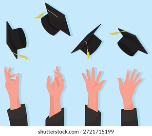 Hands throwing academic hat during happy graduation festive celebration flat illustration