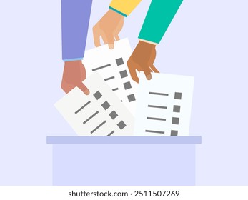 Hands throwing ballots into the ballot box. Elections, ballot box. Vote. Elections, voting process. Design for advertising, brochure, promotional products and campaigning. Vector illustration